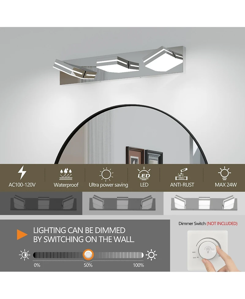 Midola Modern Chrome Led Vanity Light, 3-Lights Wall Sconce for Bathroom and Mirror, Sleek Minimalist Design, Energy-Efficient, Easy to Install