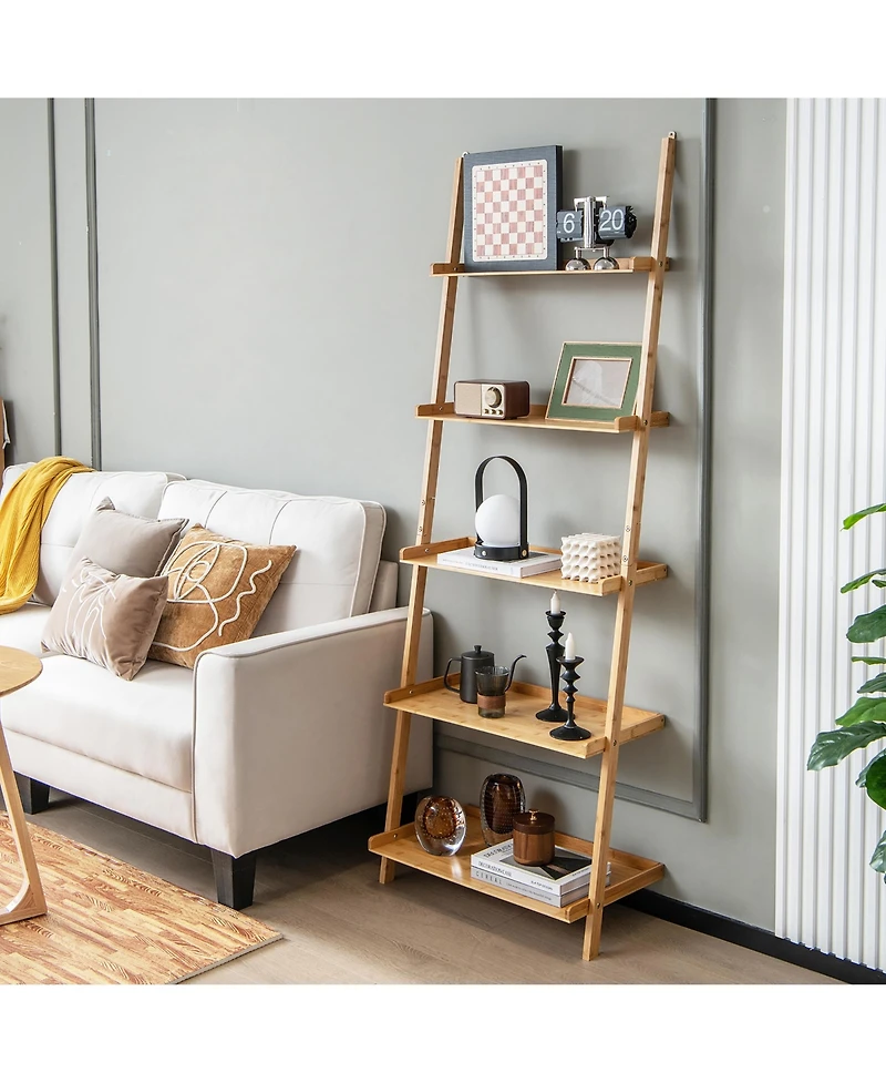 Gymax 5-Tier Bamboo Ladder Shelf Wall-Leaning Bookshelf Display Bookcase Storage Rack