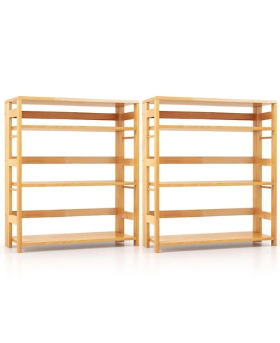 Gymax 2 Pieces 4 Tier Bookshelf Floor Storage Shelf with Rubber Wood Frame Anti-Toppling Kits