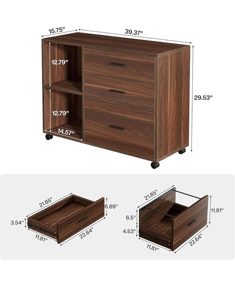 Tribesigns 39inch Rolling File Cabinet with 3 Drawers Wooden Office Lateral Filing Cabinet,Modern Printer Stand with Storage Shelves for Office
