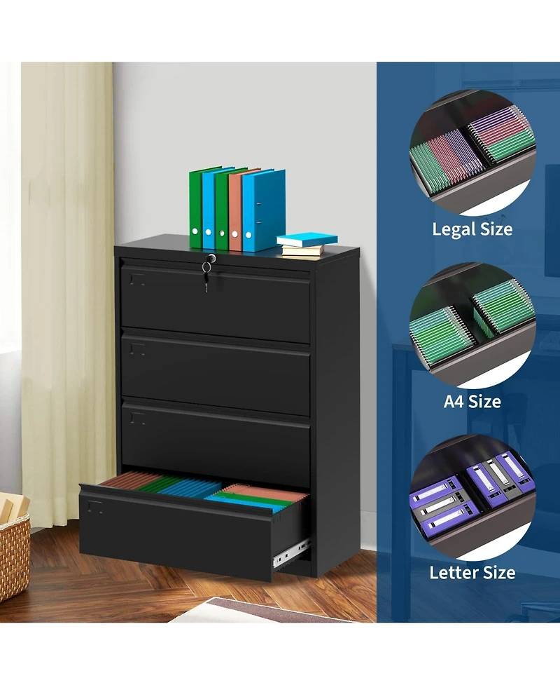 homfan 4-Drawer Lateral File Cabinet Heavy Duty Steel Filing Storage for Office and Home Lockable, Fits Legal/Letter/A4 Documents