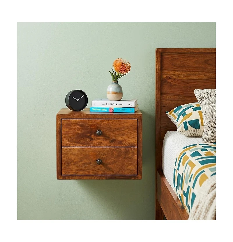 HomeRoots 12" Chestnut Solid Wood Two Drawer Floating Nightstand