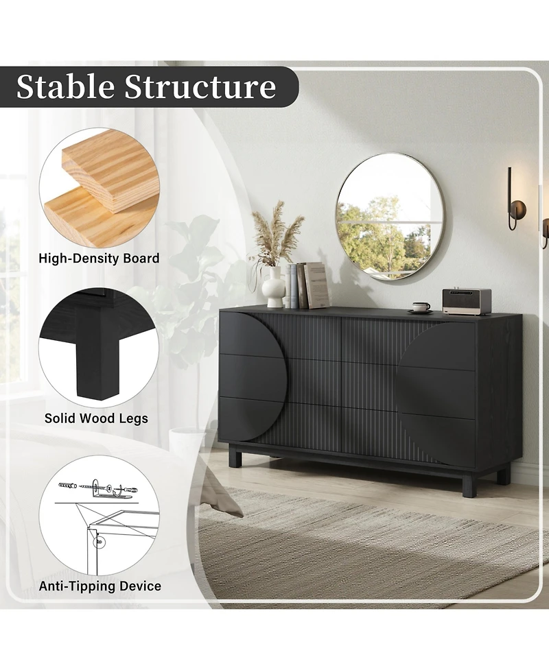 Clihome 60" W Modern 6-Drawer Fluted Dresser Chest