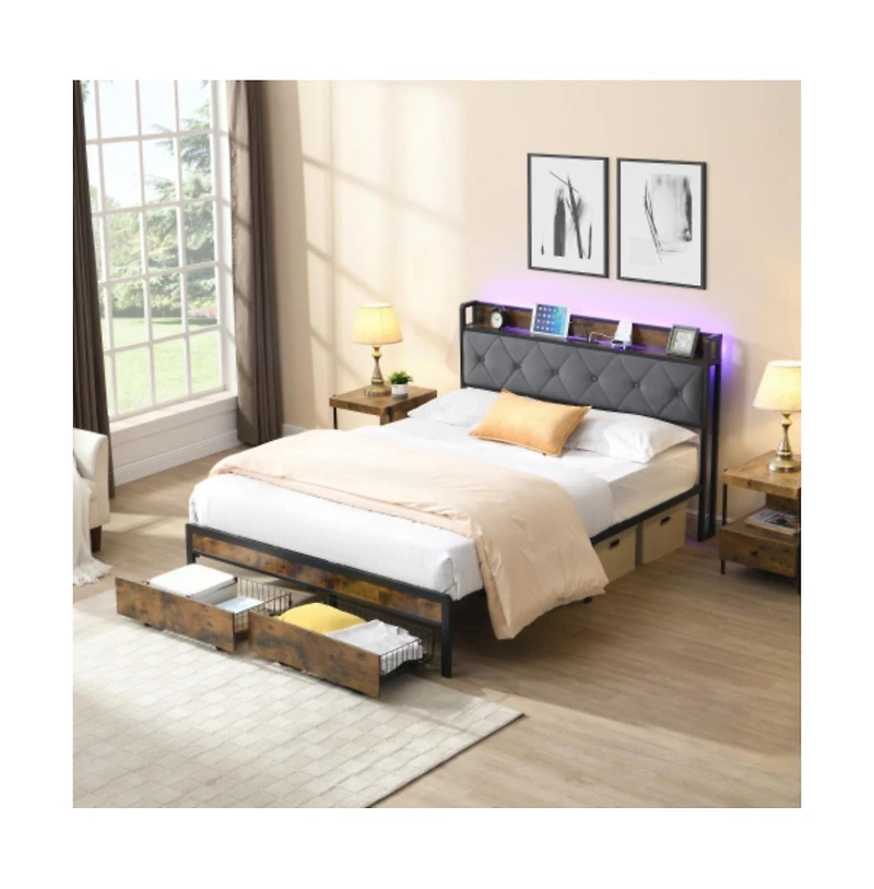 Lucky One Full Size Bed Frame with Upholstered Headboard, Led Lights, Usb Charging Station, 2 Drawers, No Box Spring Needed