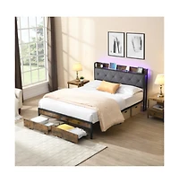 Lucky One Full Size Bed Frame with Upholstered Headboard, Led Lights, Usb Charging Station, 2 Drawers, No Box Spring Needed