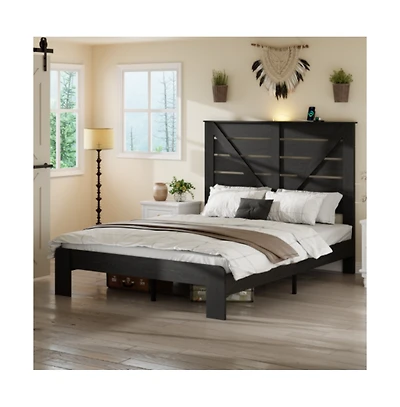 Lucky One Full Size Wood Platform Bed Frame with Heavy Duty Metal Frame, Industrial Style, Steel Slats, No Box Spring Needed