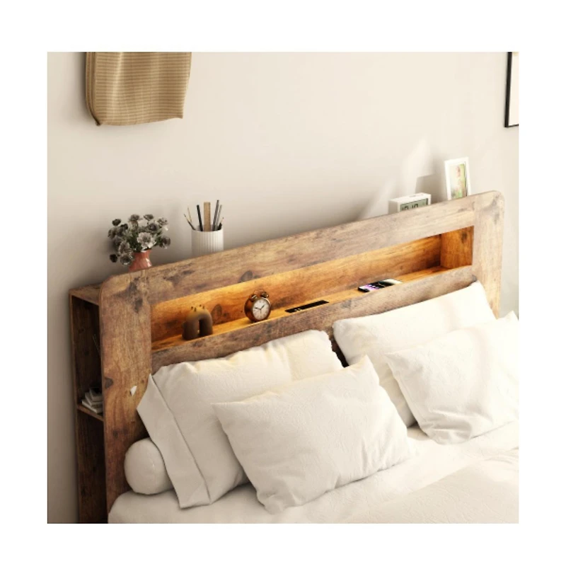 Lucky One King Size Wood Platform Bed Frame with Storage Led Headboard, Usb Charging, Wood Slats