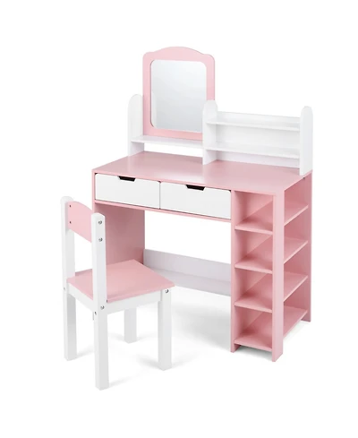Slickblue Kids Vanity Set with Chair and Mirror Storage Shelves and Drawers