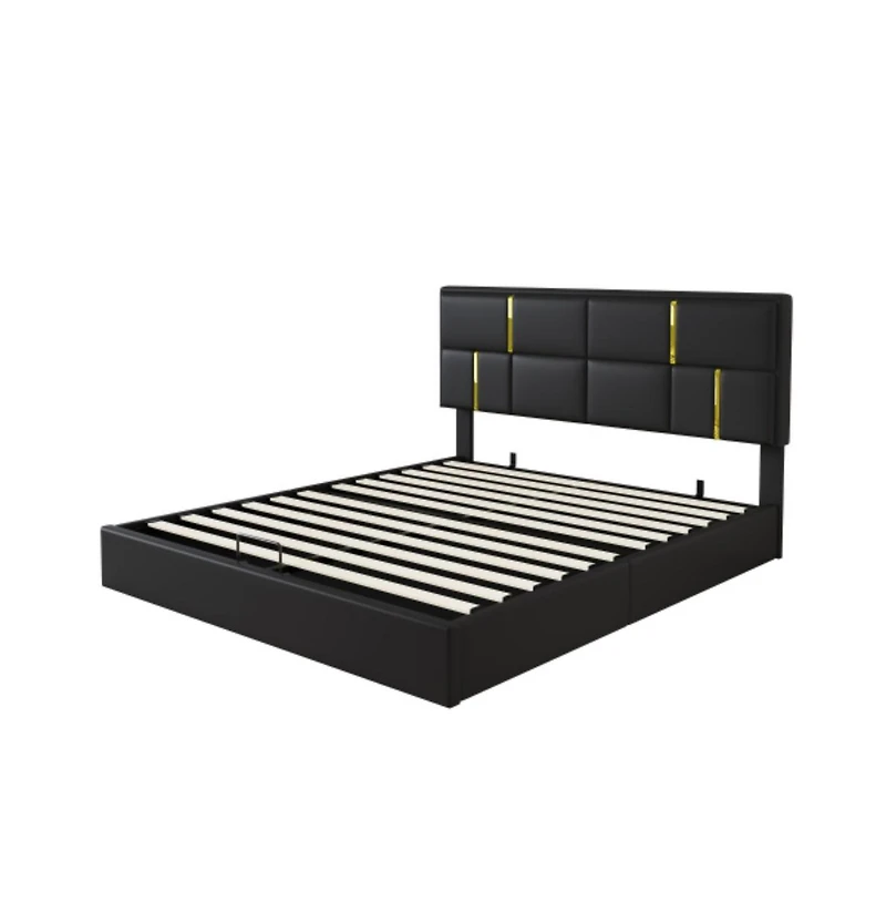 Lucky One Queen Size Upholstered Platform Bed with Hydraulic Storage System, Soft Fabric Headboard, No Box Spring Needed