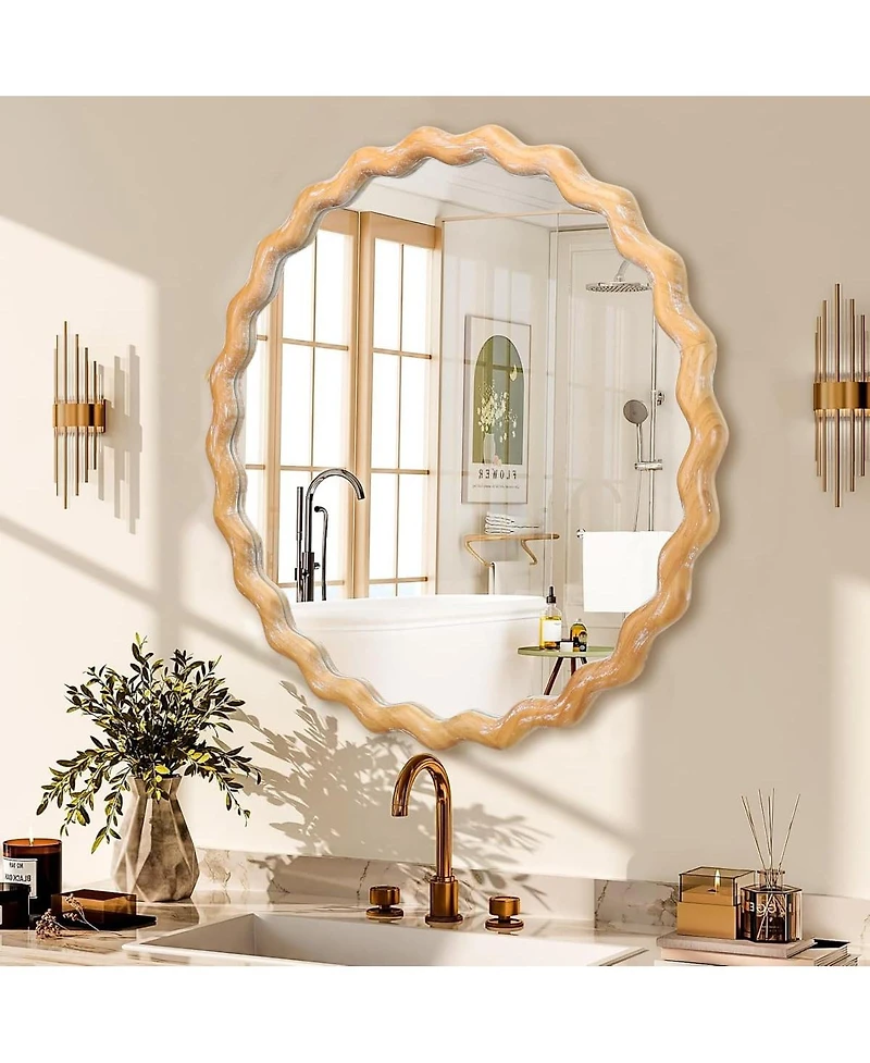 Laoties 28" Round Wavy Wall Mirror, Wood Frame Decorative Mirror for Bathroom and Living Room