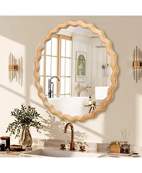 Laoties 28" Round Wavy Wall Mirror, Wood Frame Decorative Mirror for Bathroom and Living Room