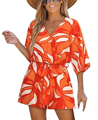 Cupshe Women's Ribbed V-Neck Tie Waist Short Sleeve Romper