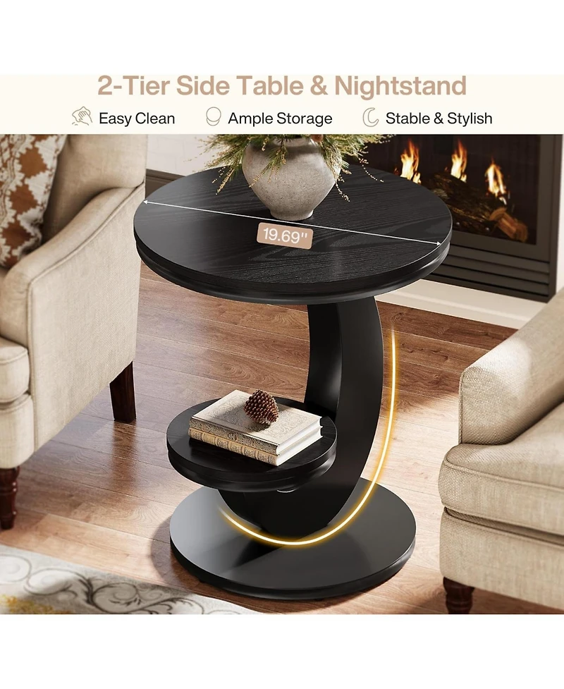 Tribesigns Round End Table, 2 Tiers Side Table with Storage Shelf, C-Shaped Frame for Small Spaces, Living Room, Easy to Assemble