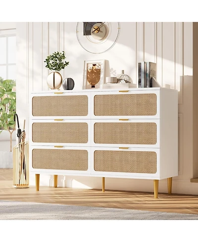 gaomon Modern Rattan 6-Drawer Dresser, Deep Storage & Wide Top for Bedroom