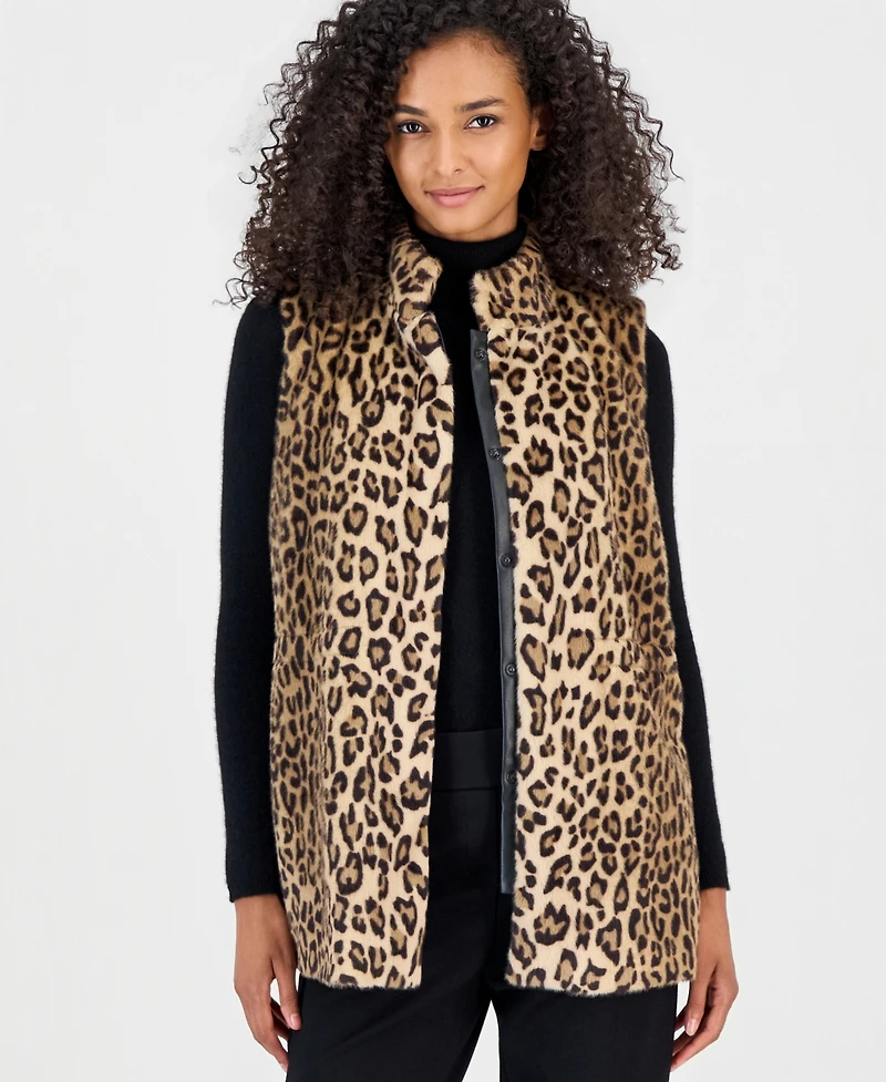 Anne Klein Women's Combo Snap Front Leopard-Print Faux Fur Vest