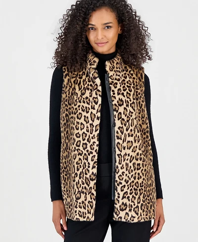 Anne Klein Women's Combo Snap Front Leopard-Print Faux Fur Vest