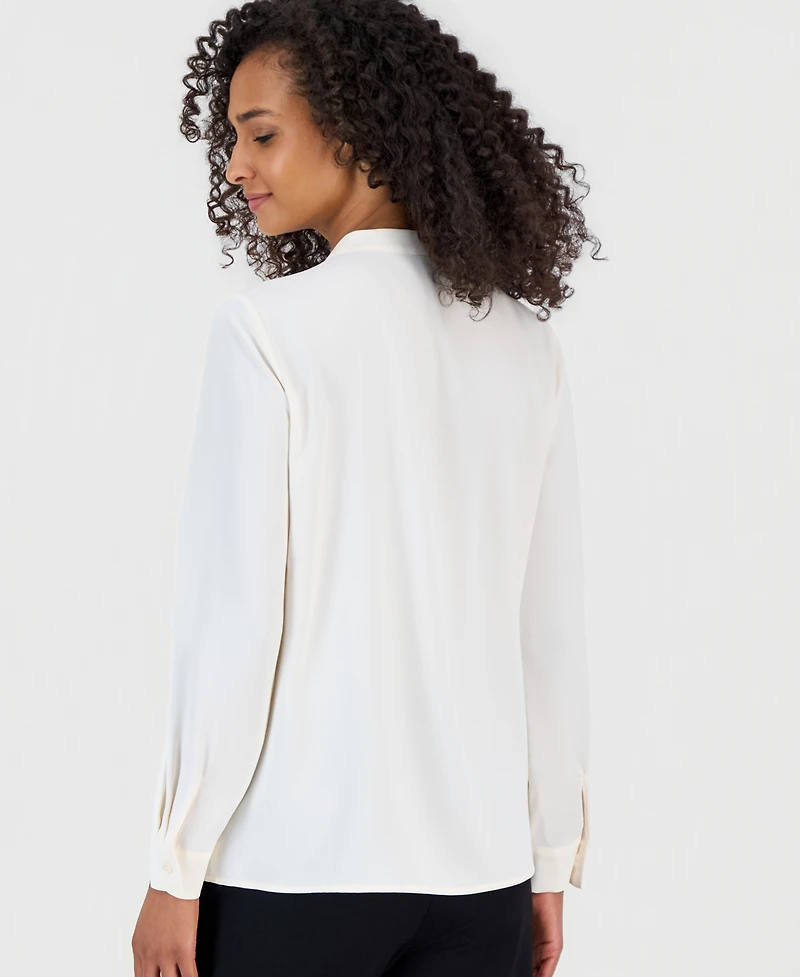 Anne Klein Petite Flutter Long-Sleeve Collared Lace Placket Blouse