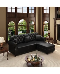 Maison Boucle 82.6'' Faux Leather Sofa with Ottoman, Nailhead Tufted, Wood Frame