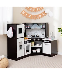 Gymax Kids Corner Kitchen Playset Wooden Pretend Play Toy with Microwave White
