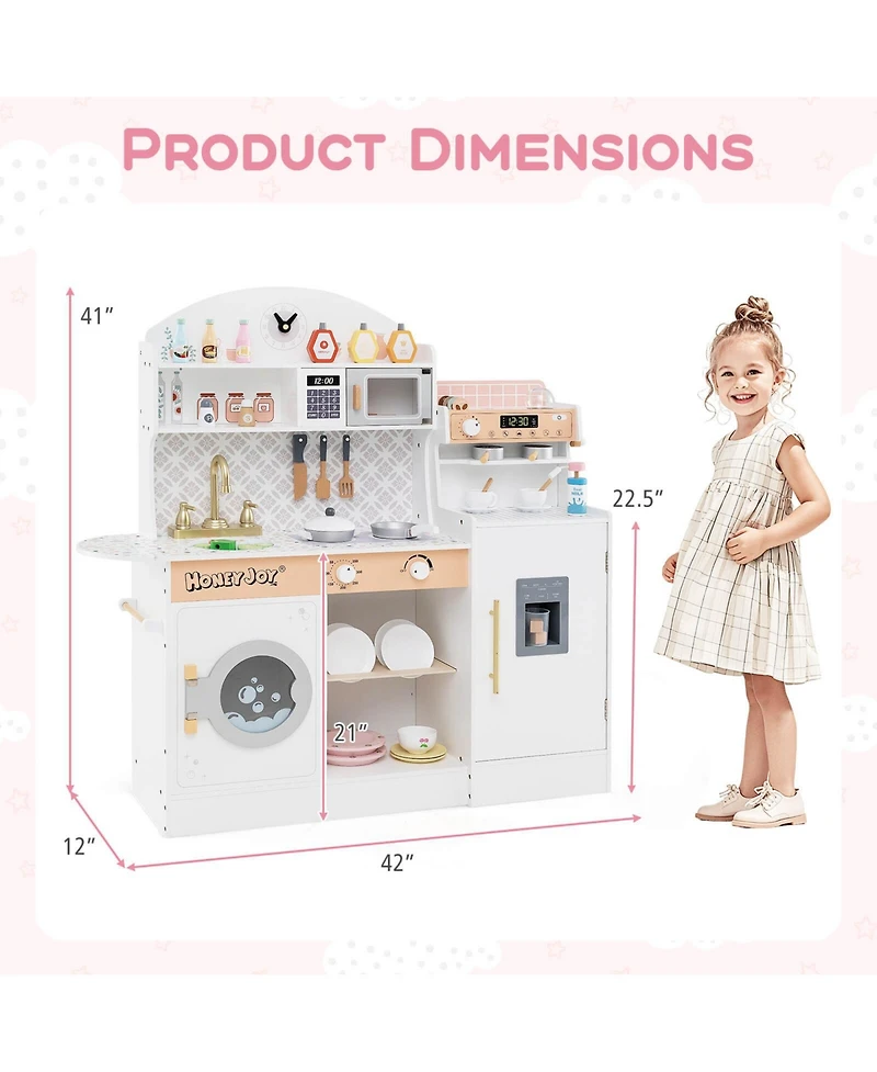 Costway Kids Kitchen Set Wooden Kitchen Playset with Clock, Microwave, Sink, Dish Rack