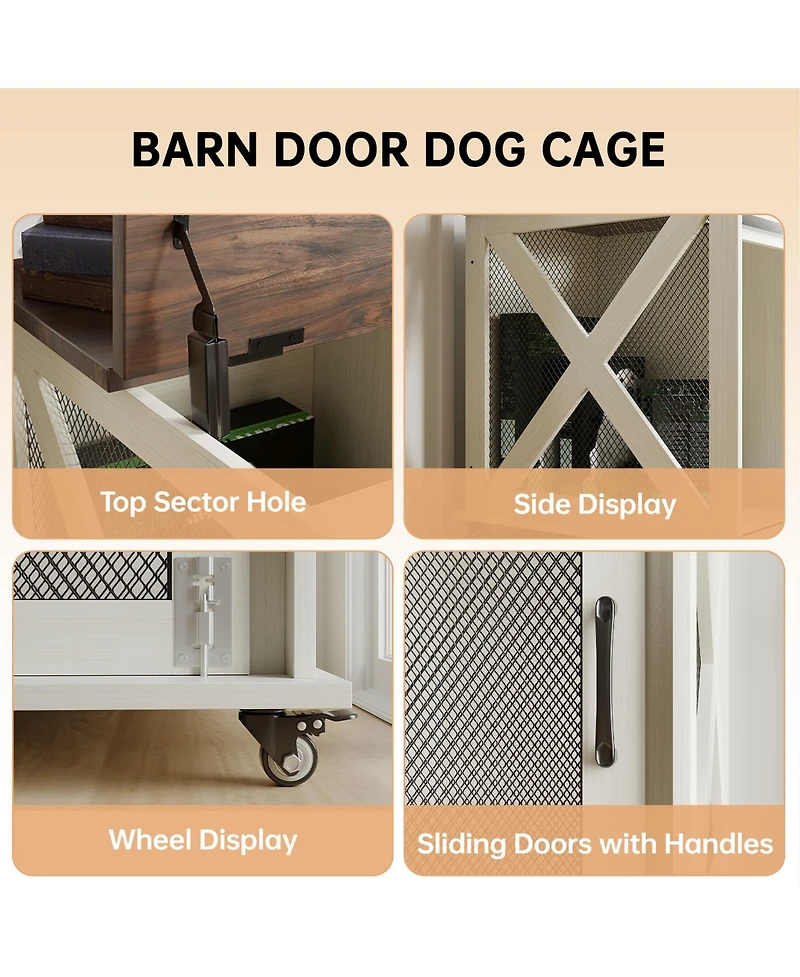 homfan Barn Door Dog Cage with Wheels, Furniture-Style Pet Crate on Casters for Medium Dogs Living Room Home