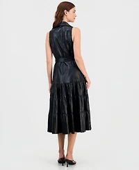 T Tahari Women's Faux-Leather Tie-Waist Tiered Maxi Dress