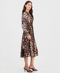 T Tahari Women's Printed Tie-waist Smocked-Cuff Midi Dress
