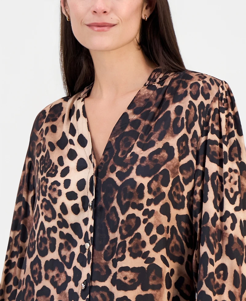 T Tahari Women's Printed Split-Neck Button-Down Blouse