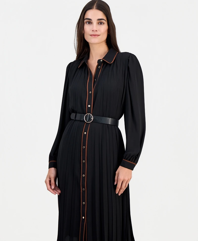 T Tahari Women's Contrast-Tipped Belted Long-Sleeve Shirt Dress