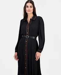 T Tahari Women's Contrast-Tipped Belted Long-Sleeve Shirt Dress