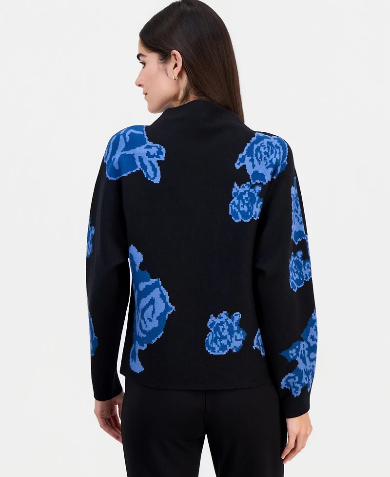 T Tahari Women's Floral Jacquard Funnel-Neck Dolman-Sleeve Sweater