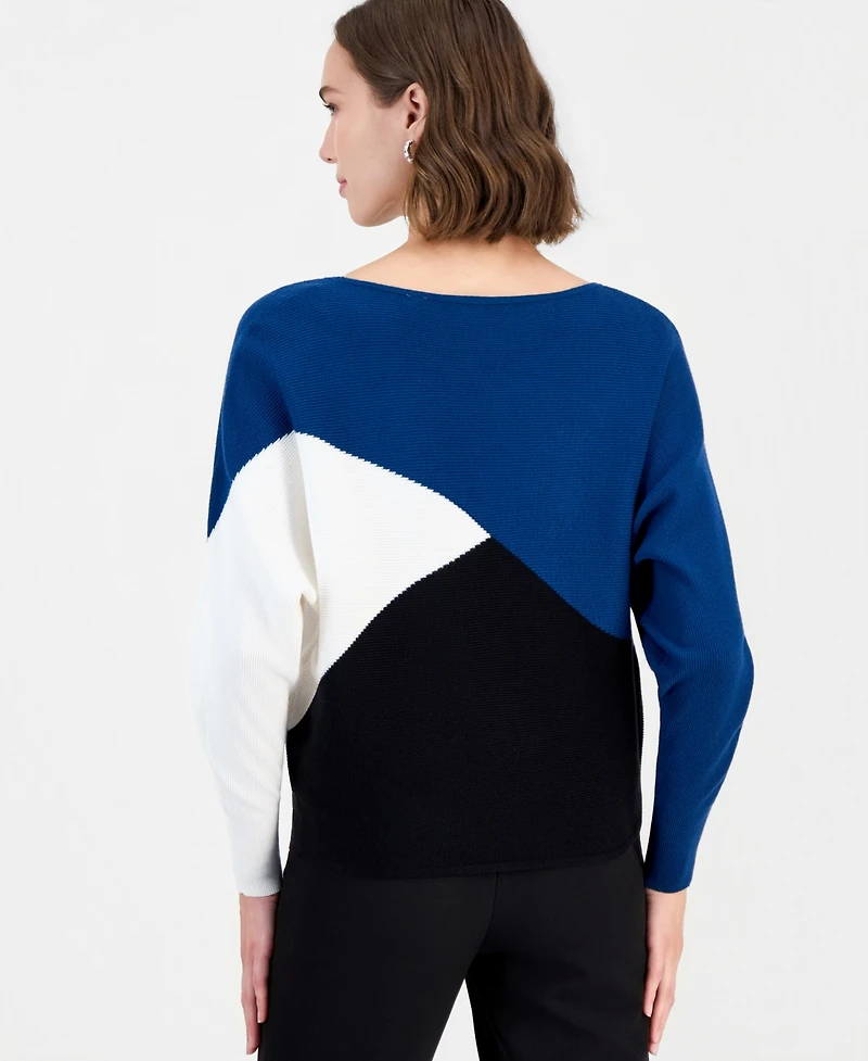 T Tahari Women's Colorblock Ribbed-Knit Crewneck Pullover