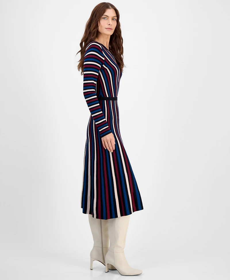 T Tahari Women's Multicolor Striped Long-Sleeve Midi Dress