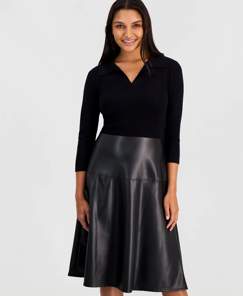 T Tahari Women's Faux-Leather-Skirt Split-Collar 3/4-Sleeve Dress