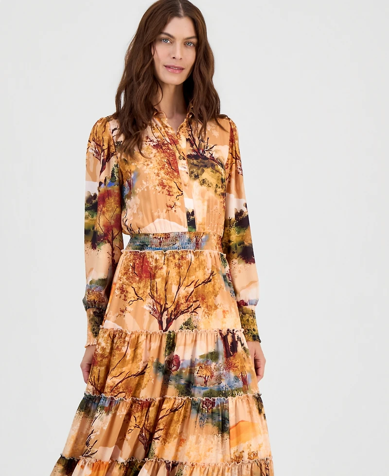 T Tahari Women's Printed Smocked-Waist Ruffle-Tiered Dress