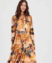 T Tahari Women's Printed Smocked-Waist Ruffle-Tiered Dress