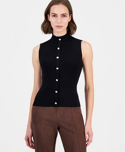 T Tahari Women's Sleeveless Ribbed Mock-Neck Sweater