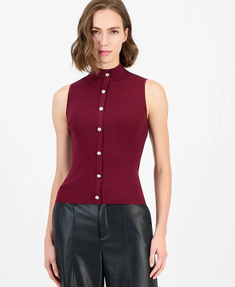 T Tahari Women's Sleeveless Ribbed Mock-Neck Sweater
