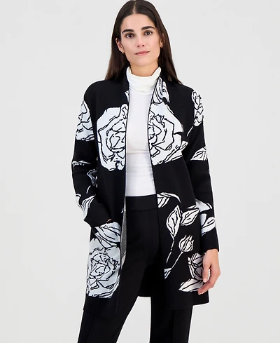 T Tahari Women's Floral-Jacquard Open-Front Cardigan