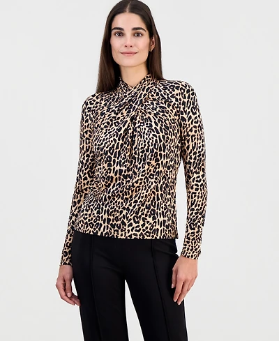 T Tahari Women's Printed Draped-Neck Long-Sleeve Top