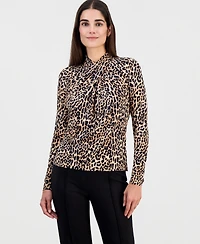 T Tahari Women's Printed Draped-Neck Long-Sleeve Top