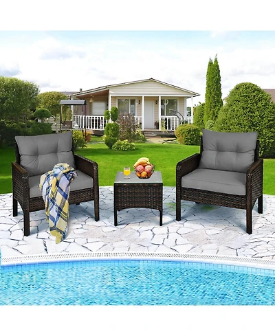 Costway 3 Pieces Patio Pe Wicker Furniture Set with Cushions and Tempered Glass Coffee Table
