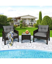 Costway 3 Pieces Patio Pe Wicker Furniture Set with Cushions and Tempered Glass Coffee Table