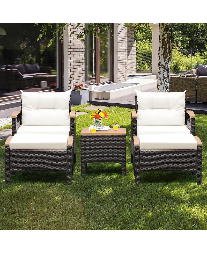 Costway 5Pieces Patio Rattan Furniture Set Sofa Ottoman Cushioned Table Wood Top