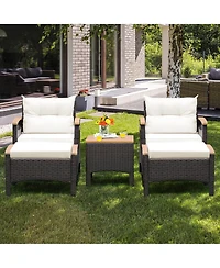 Costway 5Pieces Patio Rattan Furniture Set Sofa Ottoman Cushioned Table Wood Top