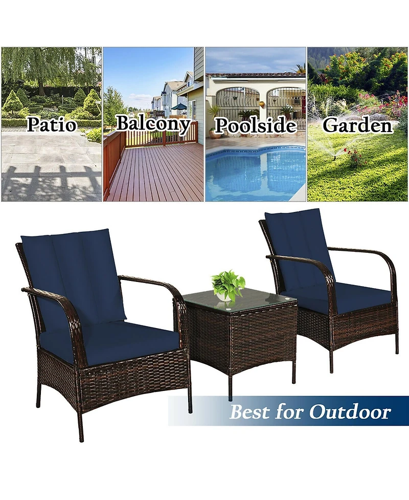 Costway 3 Pieces Patio Rattan Furniture Set W Coffee Table and 2 Rattan Chair