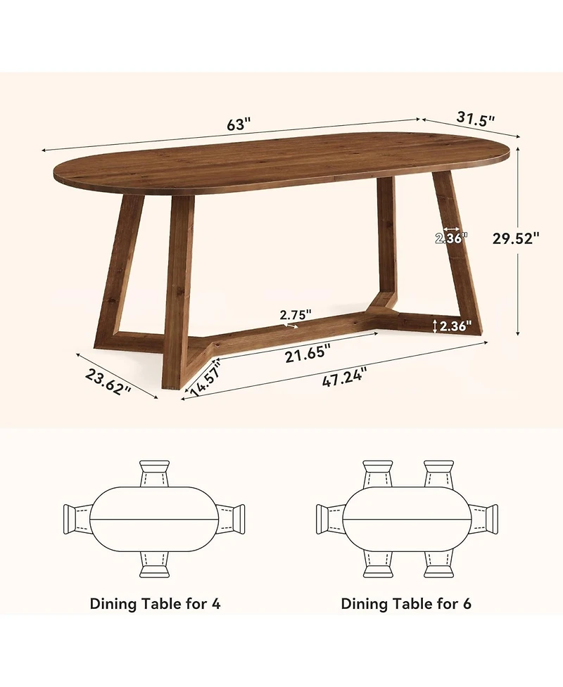Tribesigns 63" Solid Wood Oval Dining Table, Farmhouse Kitchen Table for 4-6 People
