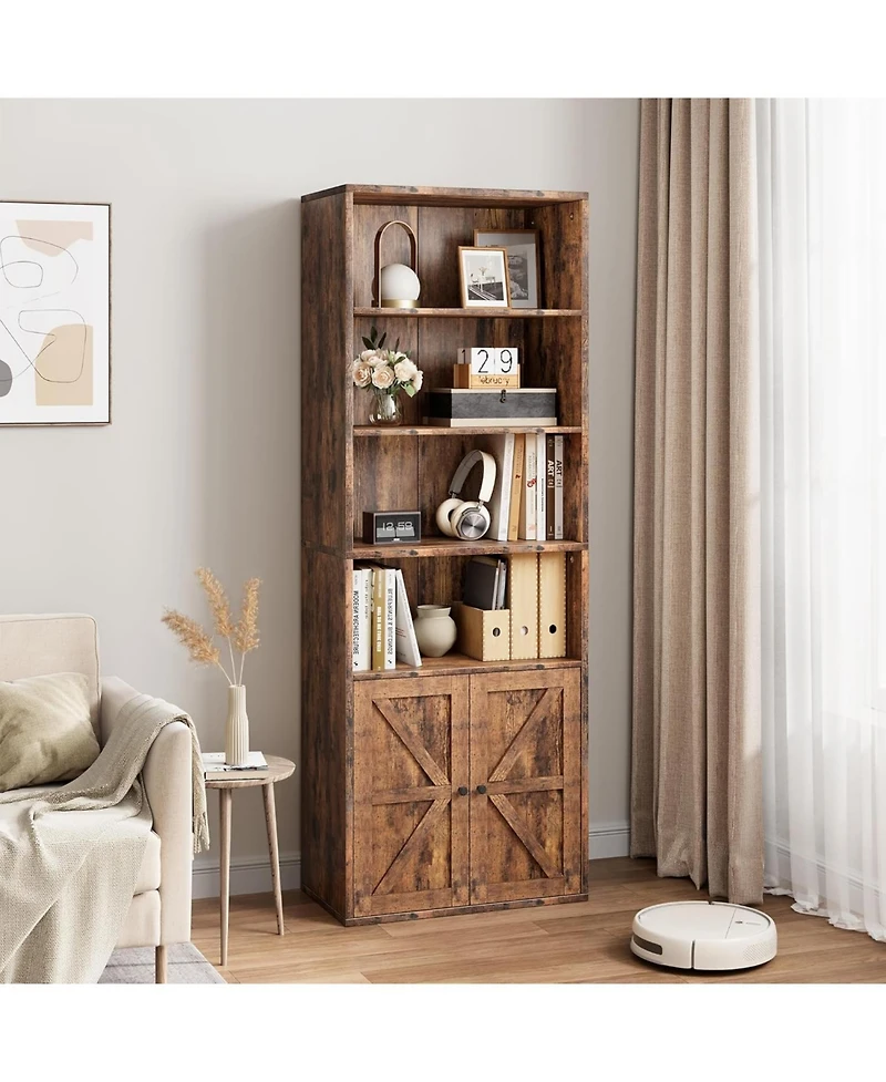 gaomon 71.4 Inch Tall Farmhouse Industrial 6-Tier Bookcases with Doors and Open Shelves, Large Wooden Bookshelves with Barn Doors, Anti-Tip Kit