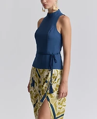 Avec Les Filles Women's Sleeveless Belted Mock Neck Asymetric Drape Midi Dress