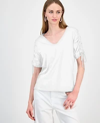 I.n.c. International Concepts Women's Ruched-Sleeve V-Neck Cotton T-Shirt, Macy's Exclusive